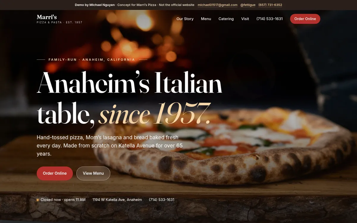 Marri’s concept home page on a laptop: Anaheim’s Italian table, since 1957, with Order Online and View Menu buttons.